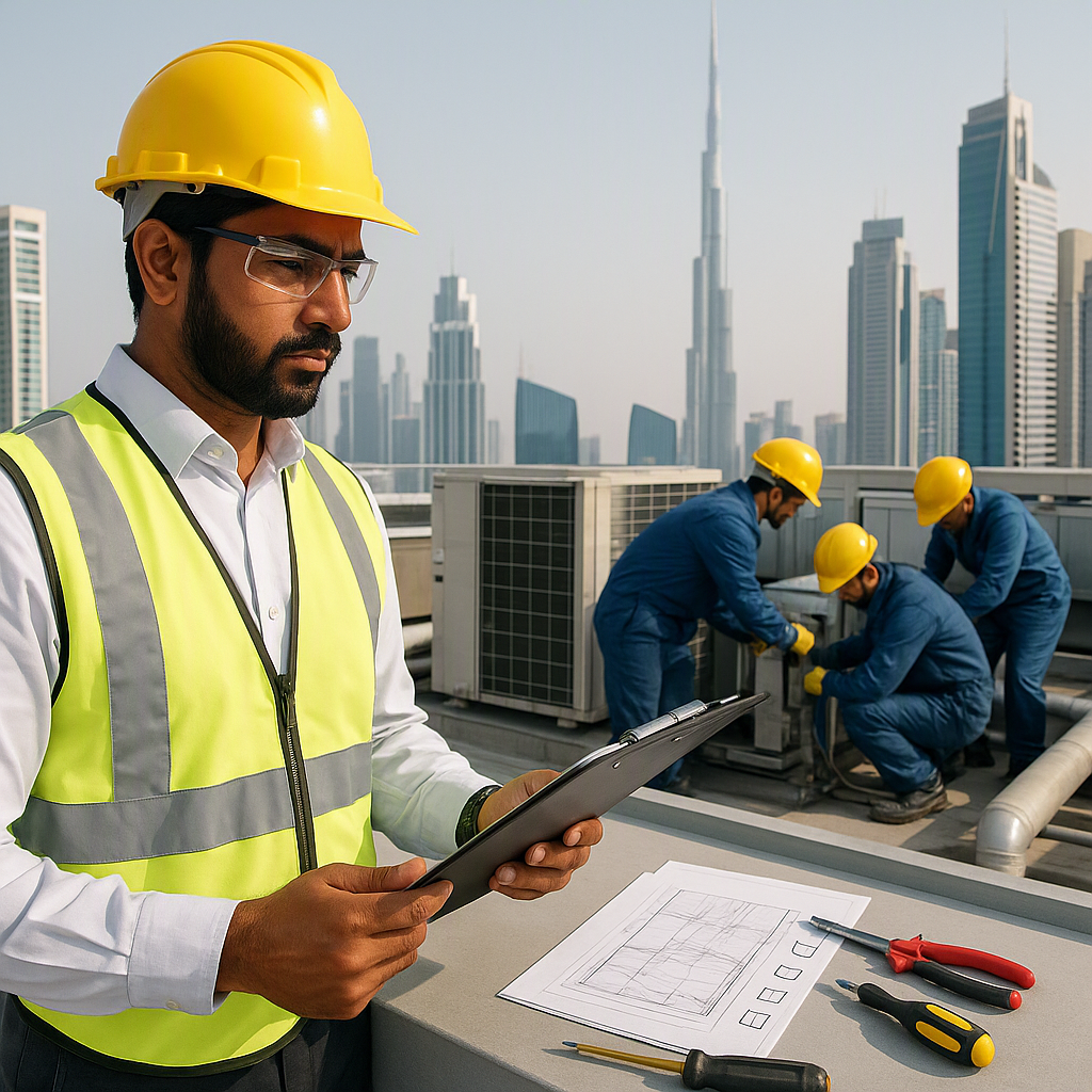An Indian contractor overseeing workers fixing an HVAC system on a high-rise building in Dubai, with tools, blueprints,...