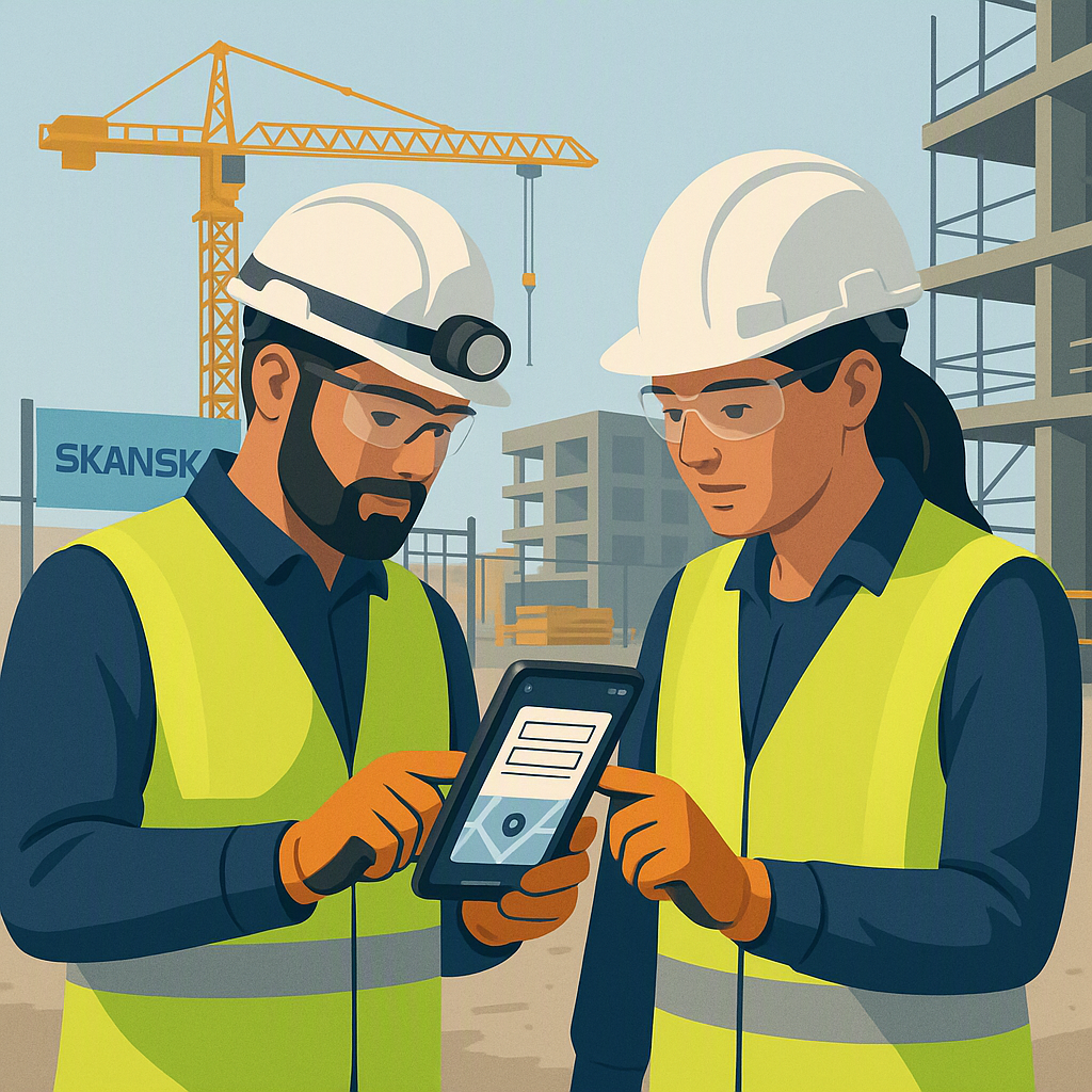A professional illustration of contractors at a construction site, using a mobile app to capture site survey data. Inclu...