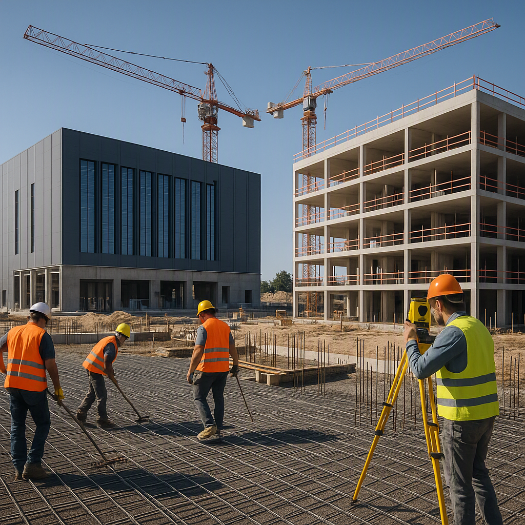A construction site featuring both a data center and a modern hospital under construction, with workers laying foundatio...