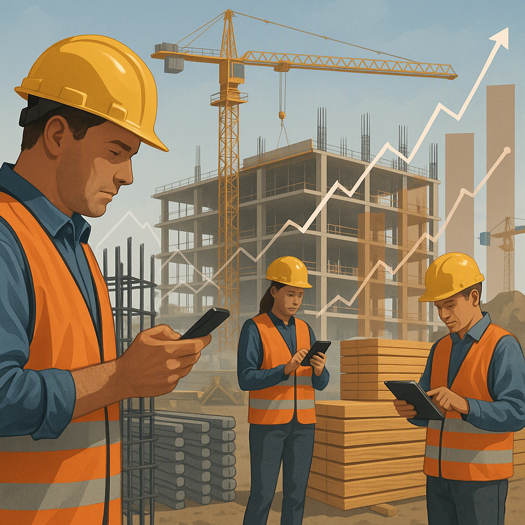 A realistic illustration of a construction site with workers using mobile devices to update quotes, surrounded by rising...