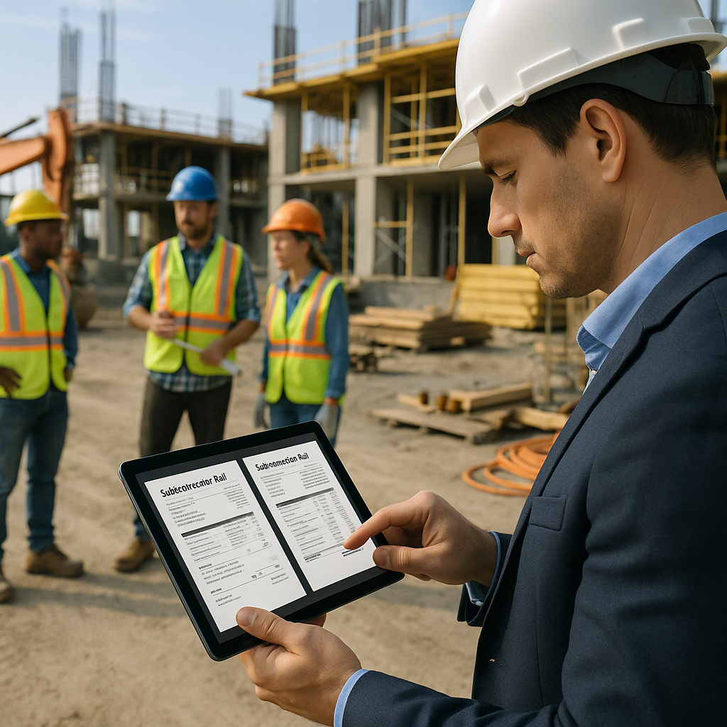A realistic construction site showing a project manager reviewing subcontractor bids on a tablet with PDFs displayed, su...