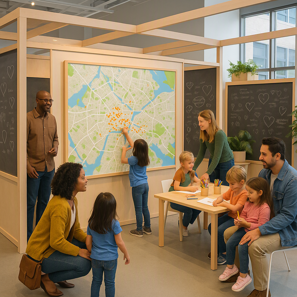 A vibrant community event booth with a large interactive map, chalkboard walls filled with handwritten notes, and famili...