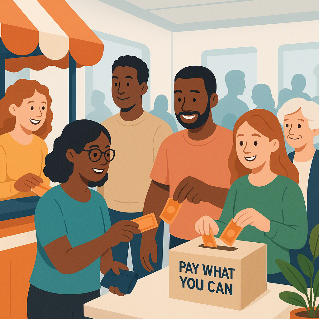 A diverse group of people at a community event; some are paying for tickets at a booth, while others are donating at a '...