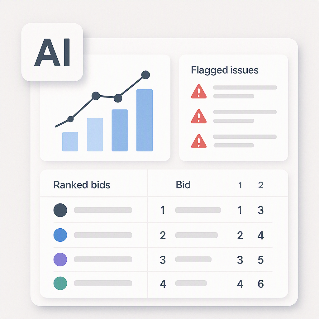 An AI-powered tool analyzing subcontractor bids on a sleek interface, with charts, flagged issues, and ranked bids visib...