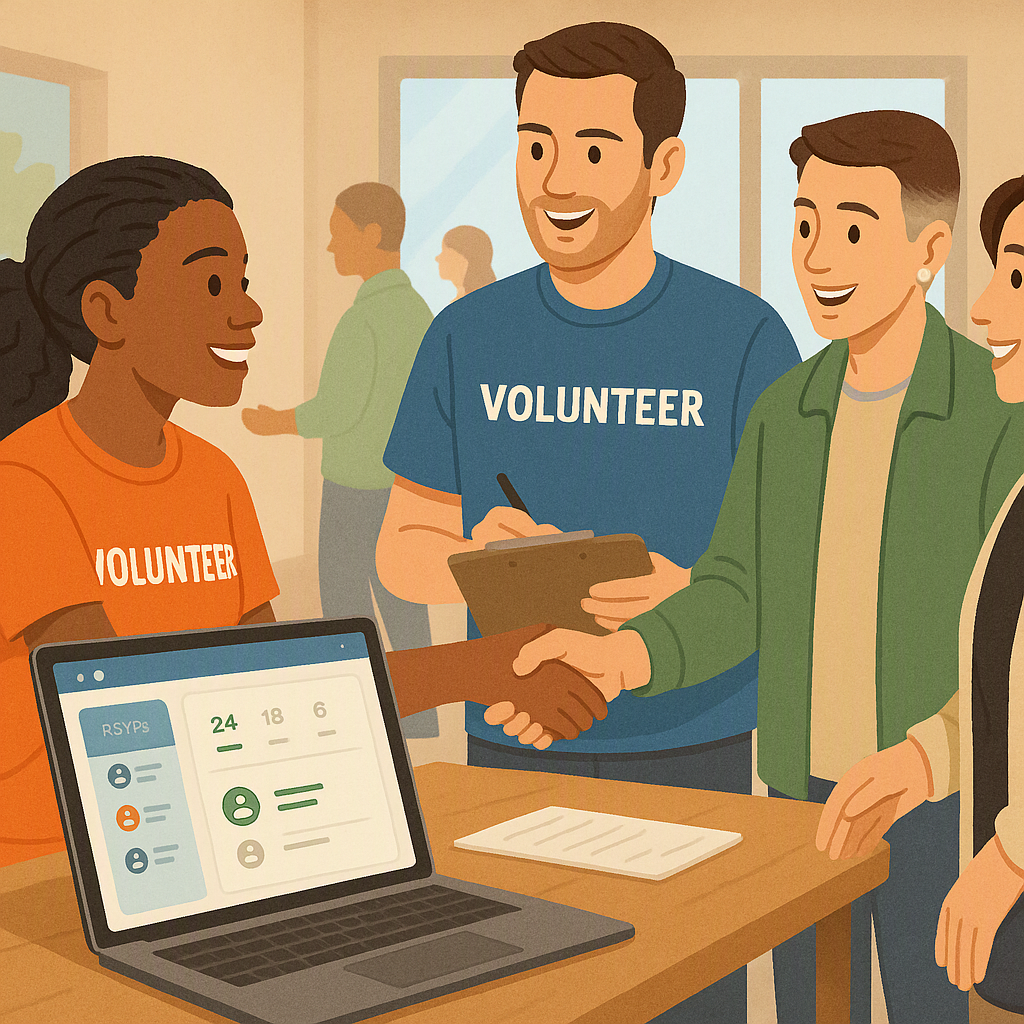 A realistic illustration of volunteers checking in attendees at a community event, with a laptop showing an RSVP dashboa...