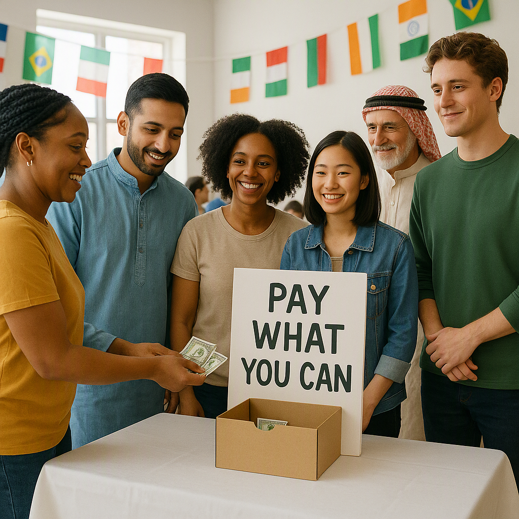 A diverse group of people at a community event, gathered around a table with a 'Pay What You Can' donation sign. Bright,...