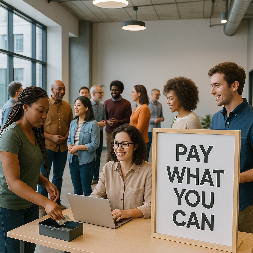 A mid-sized event venue with diverse attendees engaging in a Pay What You Can ticketing booth, highlighting community-dr...