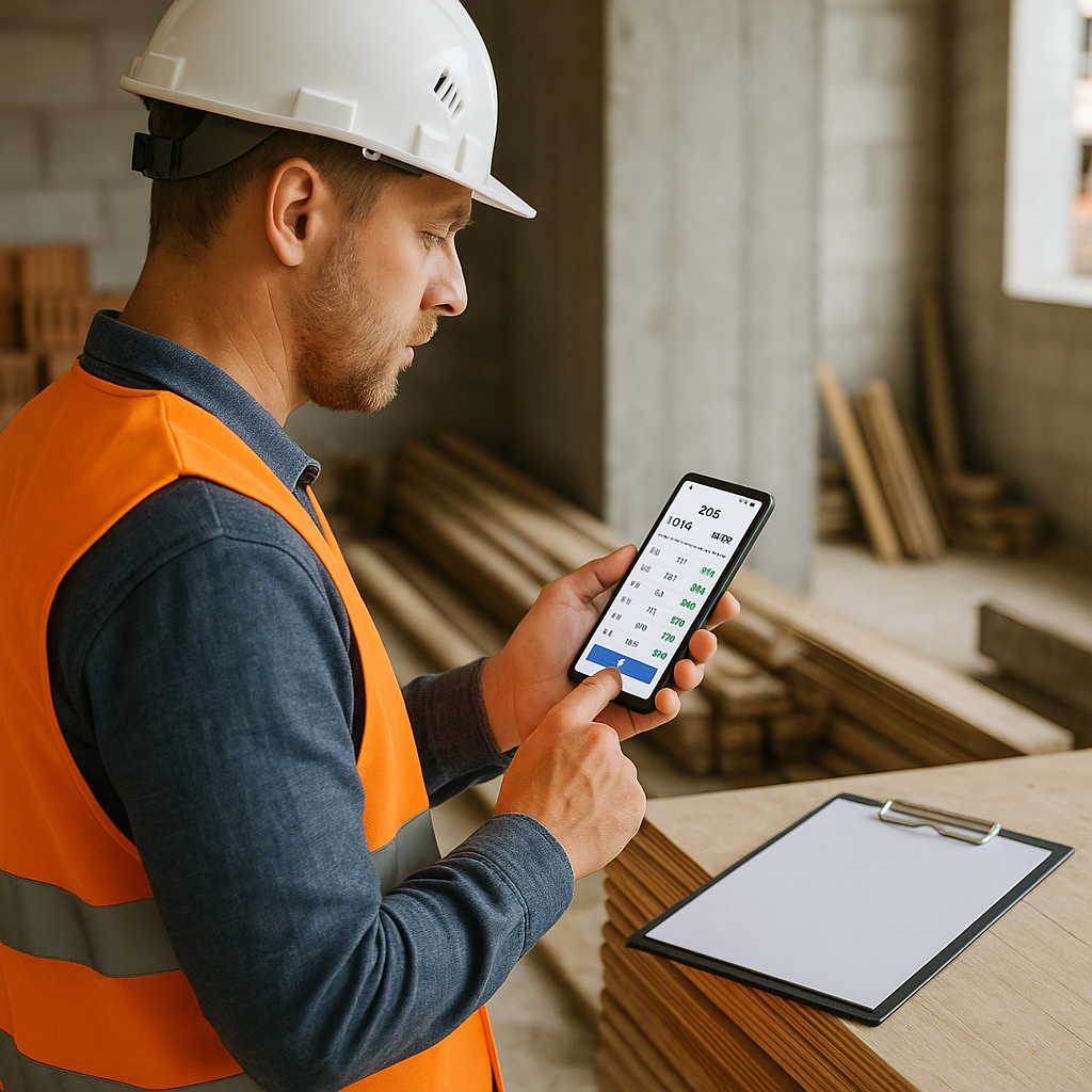 A contractor viewing a mobile app with real-time BOQ updates on-site, surrounded by construction materials and a clipboa...