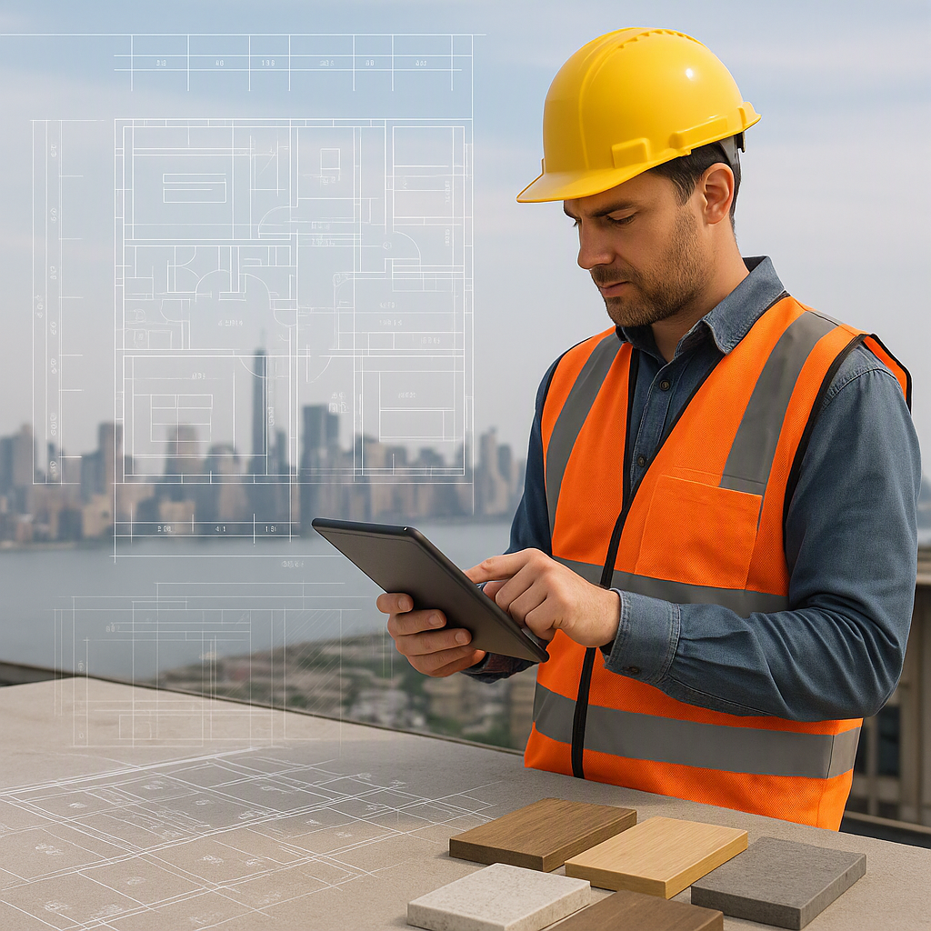 A contractor on-site with a tablet, updating a BOQ in real-time. Blueprint overlays and material samples visible. NJ sky...