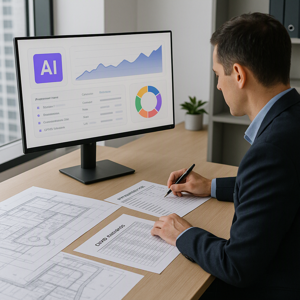 A modern procurement office scene: AI tools on screen, a professional analyzing subcontractor bids, with construction si...