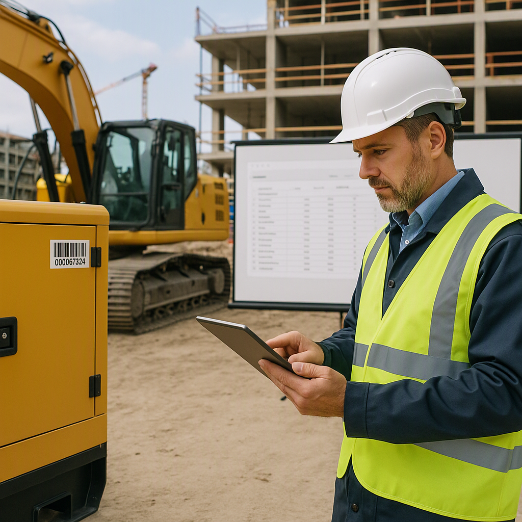 A construction job site with tagged equipment (e.g., a diesel generator with a barcode label), a clean spreadsheet proje...