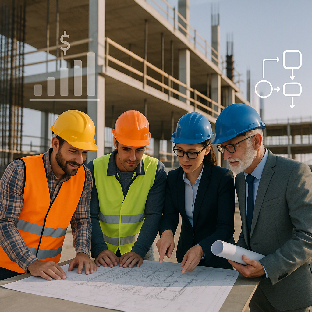 A construction site with workers and supervisors reviewing a detailed blueprint, surrounded by digital overlays of a bud...