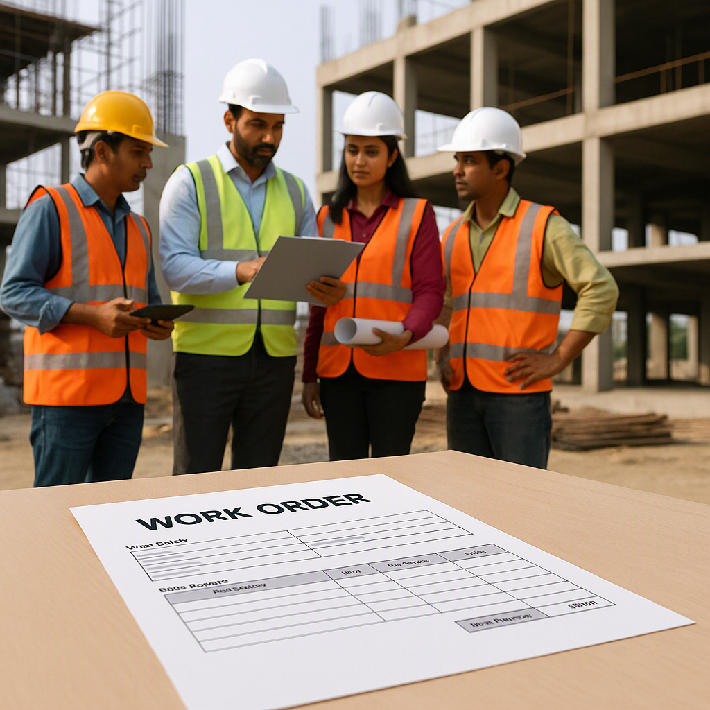 An Indian construction site with workers and supervisors inspecting progress. A clear, structured work order document is...