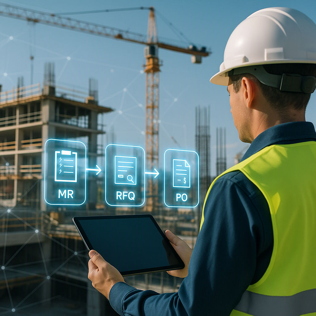 A high-tech construction site with digital overlays showing procurement workflows (MR → RFQ → PO) on a tablet device hel...