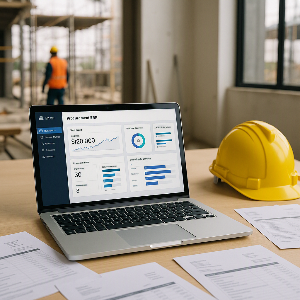 A realistic image of a construction site office with a laptop displaying a procurement ERP dashboard, surrounded by pape...