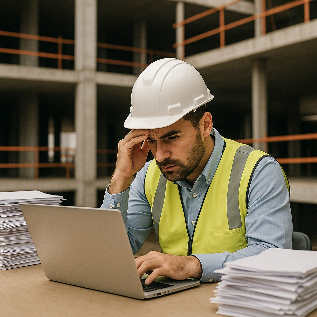 A stressed construction site manager reviewing material invoices on a laptop, surrounded by stacks of paper and a half-b...