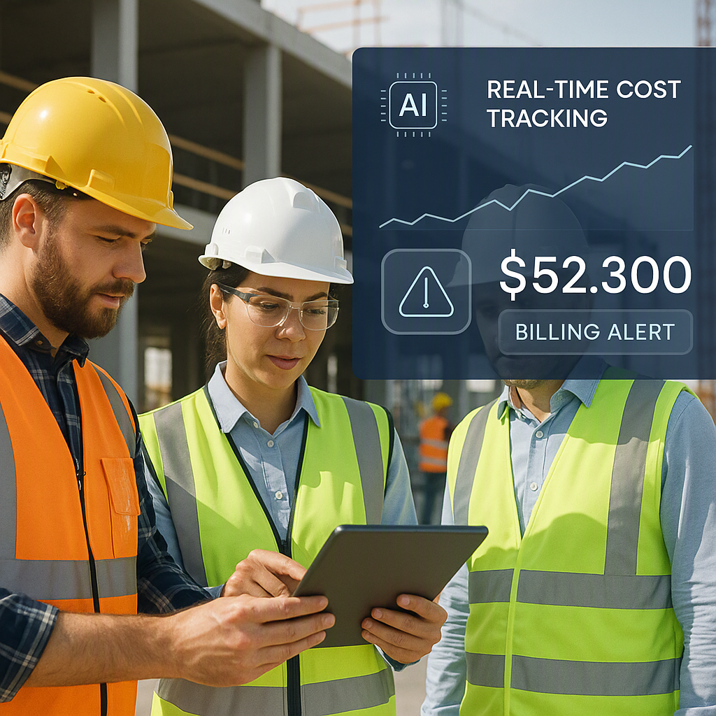A construction site with workers and engineers using a tablet, AI interface overlay showing real-time cost tracking and...