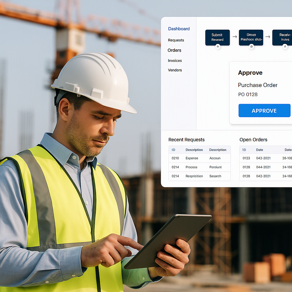 A construction site manager using a tablet to approve a purchase order, with a digital dashboard showing procurement wor...