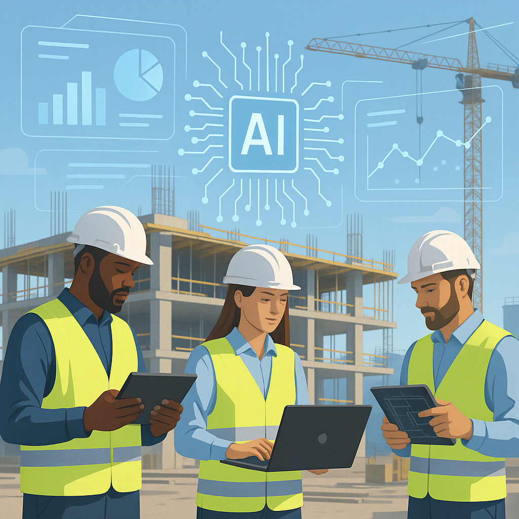 A modern construction site with workers using tablets and laptops, showcasing project data on digital screens, with a fu...