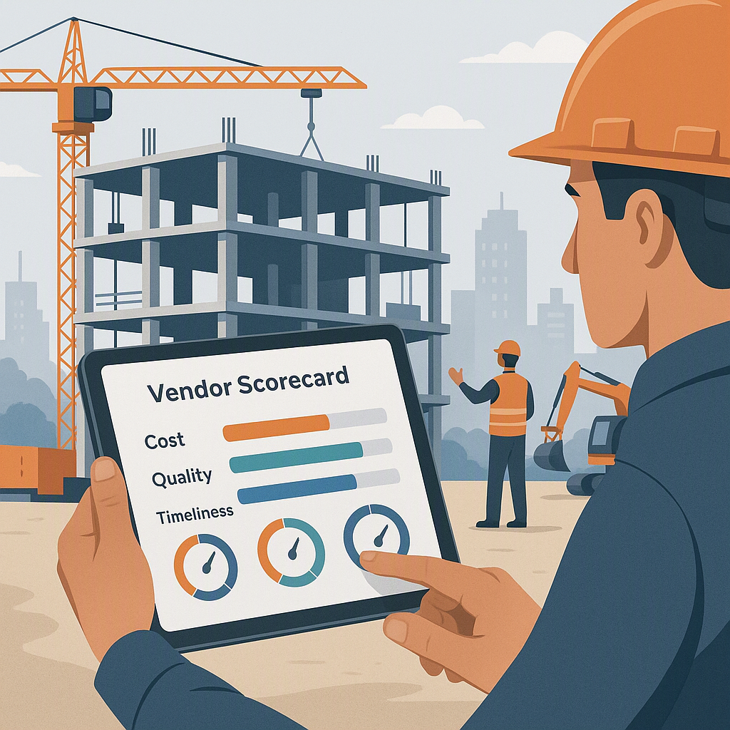 A detailed illustration of a construction project site with a focus on a digital vendor scorecard interface, showing met...