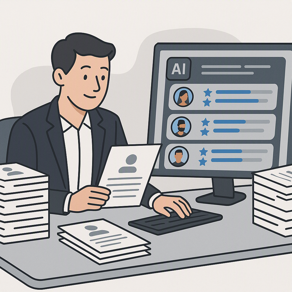 An illustrated recruiter at a desk surrounded by stacks of resumes, with a digital interface showing AI-powered candidat...