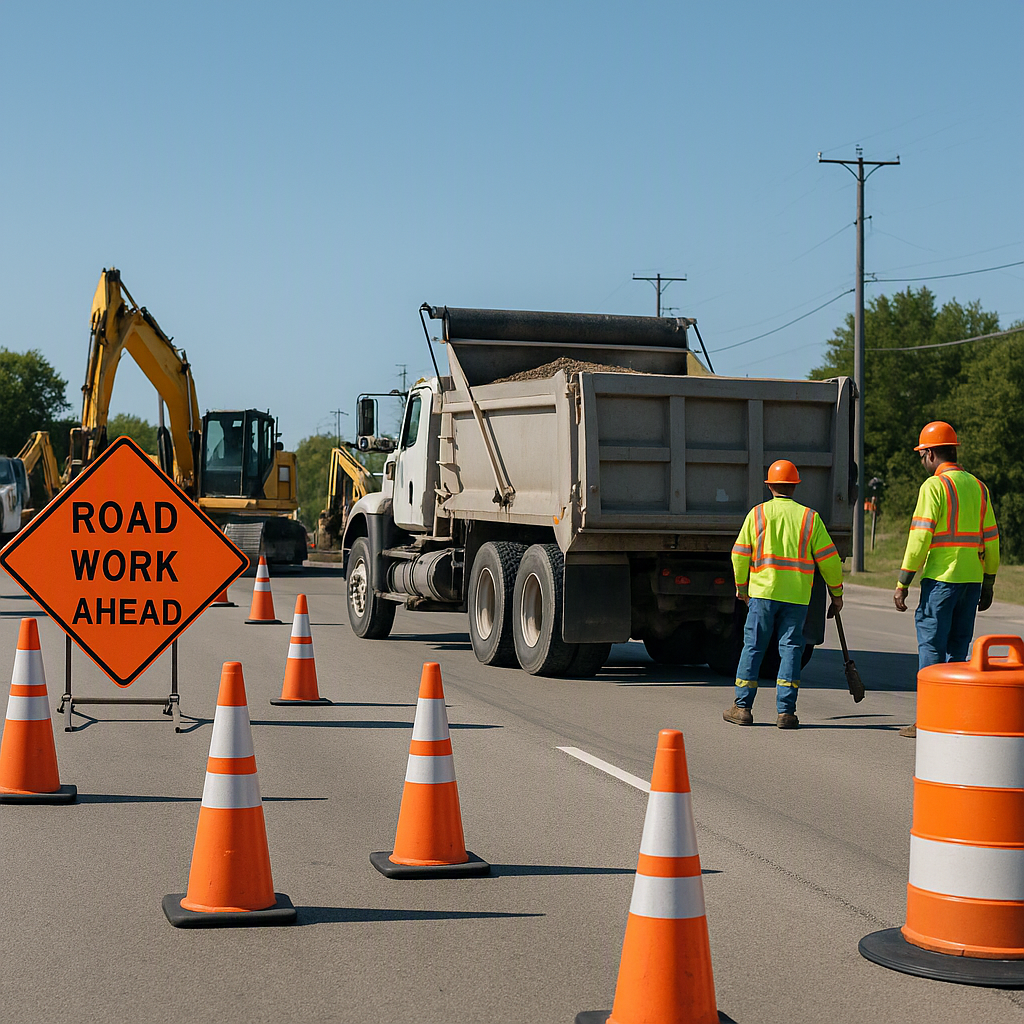 A busy construction work zone with trucks and workers in safety gear, marked with bright orange cones and signs, under c...