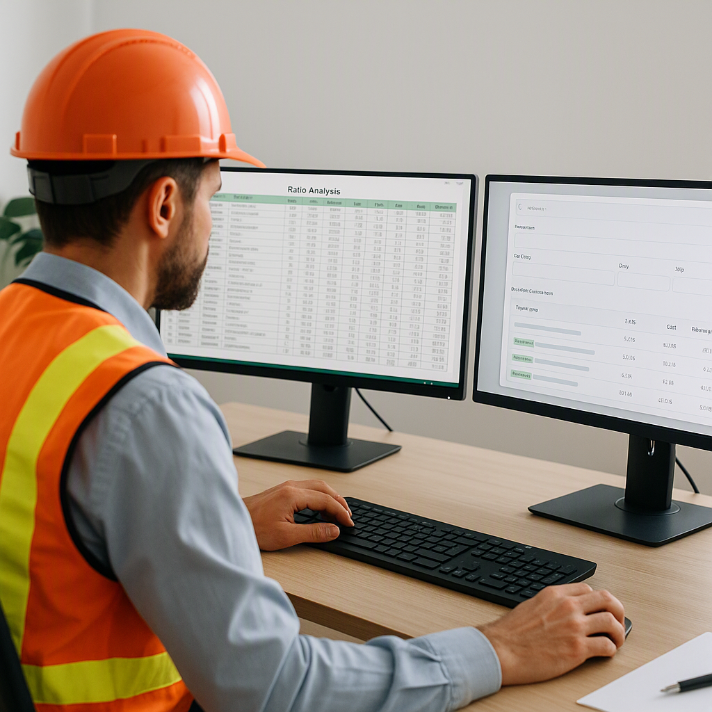 A construction estimator working at a desk with dual monitors, one showing a detailed Excel rate analysis sheet and the...