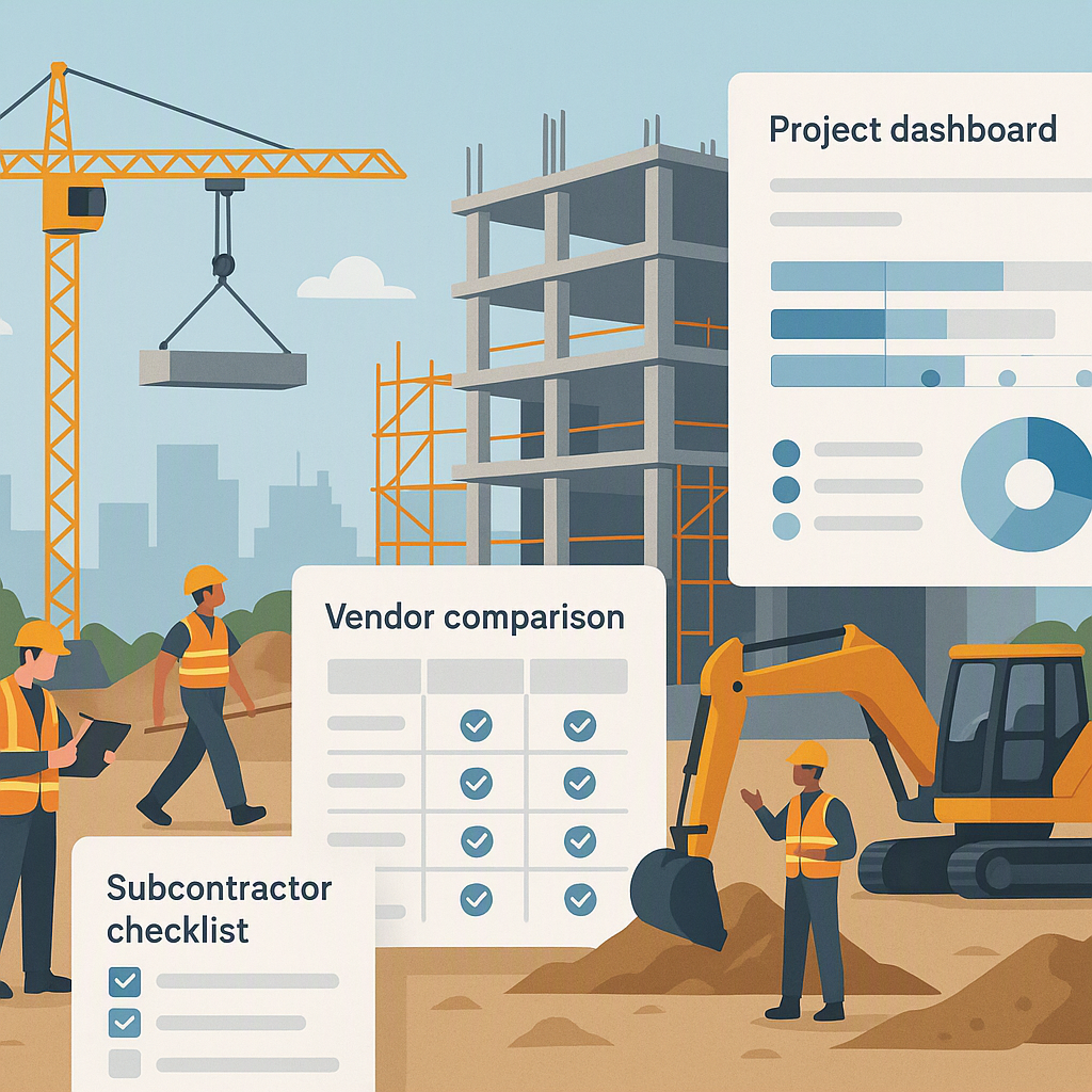 A detailed illustration of a construction site with subcontractor checklists, vendor comparison charts, and project dash...