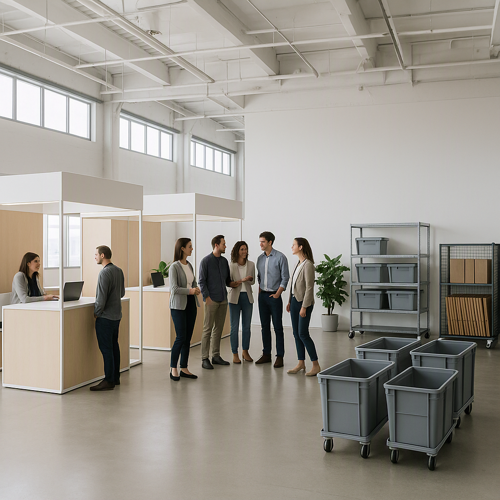 A modern event space with streamlined logistics: modular booths, organized storage, and digital tools. Highlight efficie...