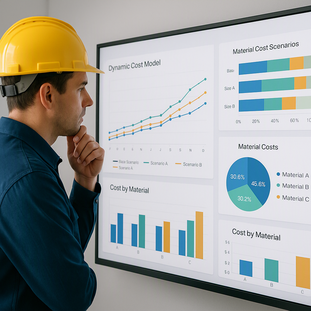 A construction estimator reviewing a dynamic cost model on a large screen, with multiple graphs and charts showing diffe...