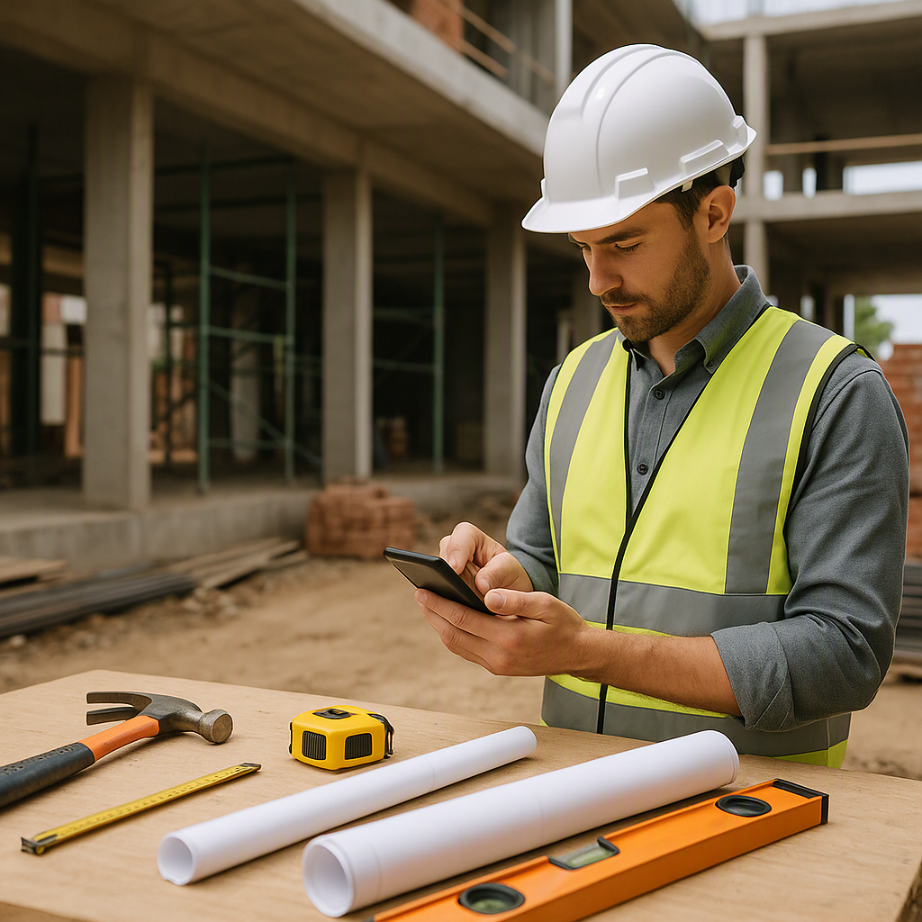 A construction site with a contractor using a mobile app to input data during a site survey, surrounded by tools and con...