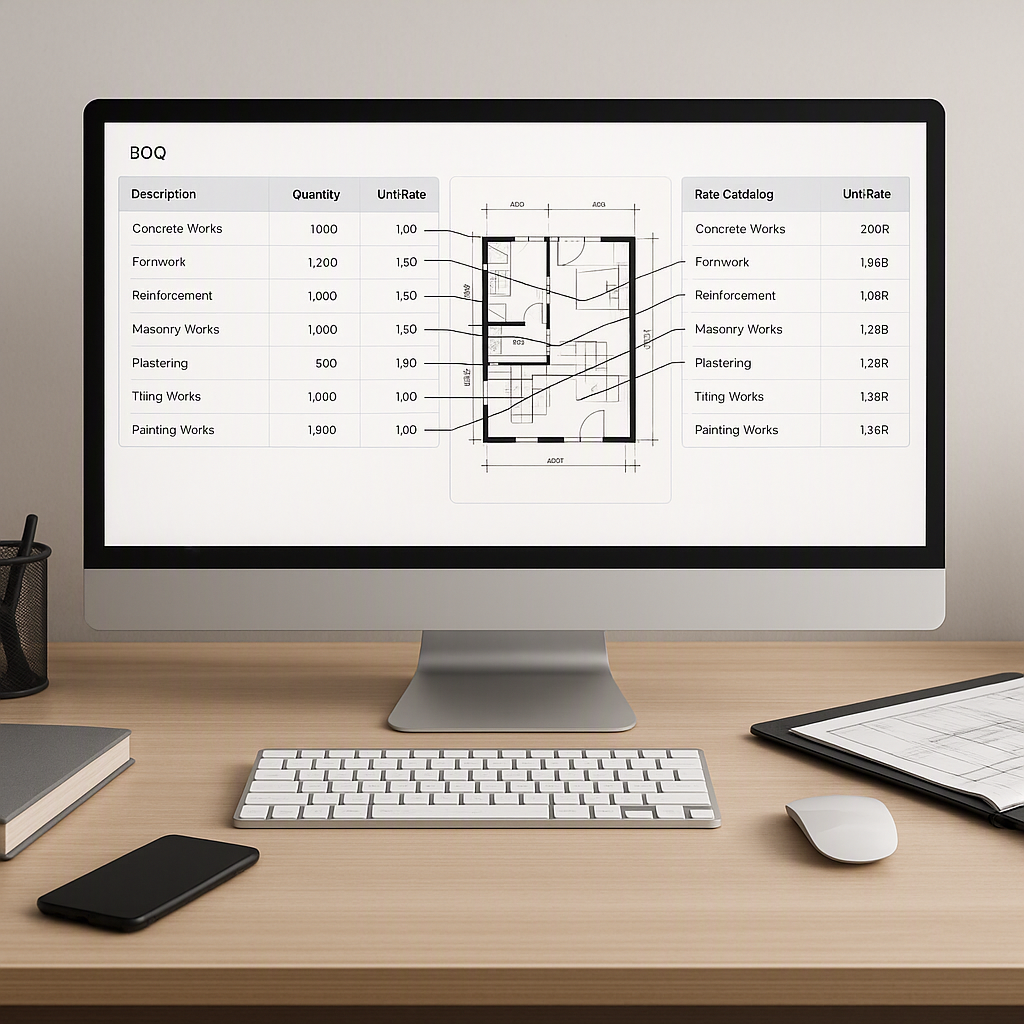 An AI-enhanced construction estimation workspace, showing a sleek computer interface with auto-matching BOQ line items,...