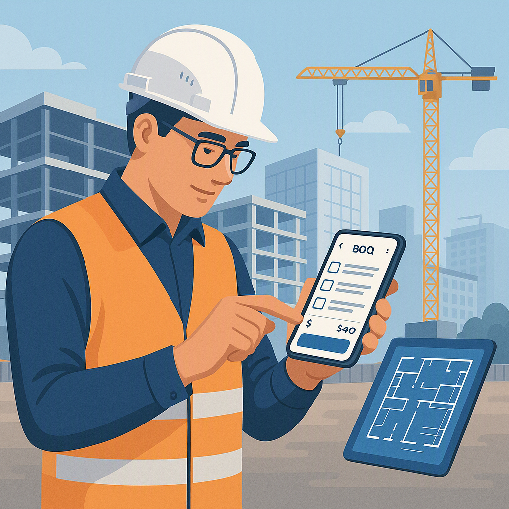 A detailed digital illustration of a construction engineer on-site, using a mobile app to create a BOQ, with a modern co...