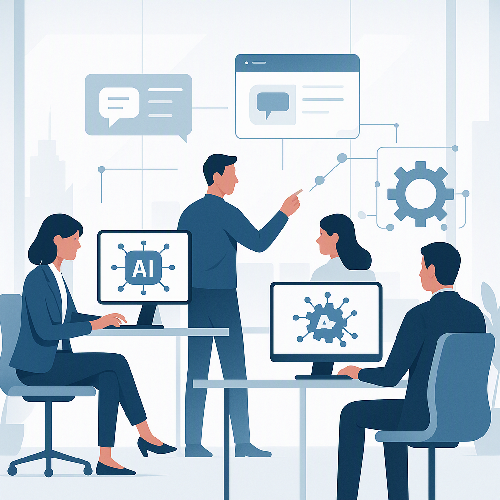 A futuristic workplace setting with employees using AI-powered tools on their screens, symbolizing AI-driven upskilling...