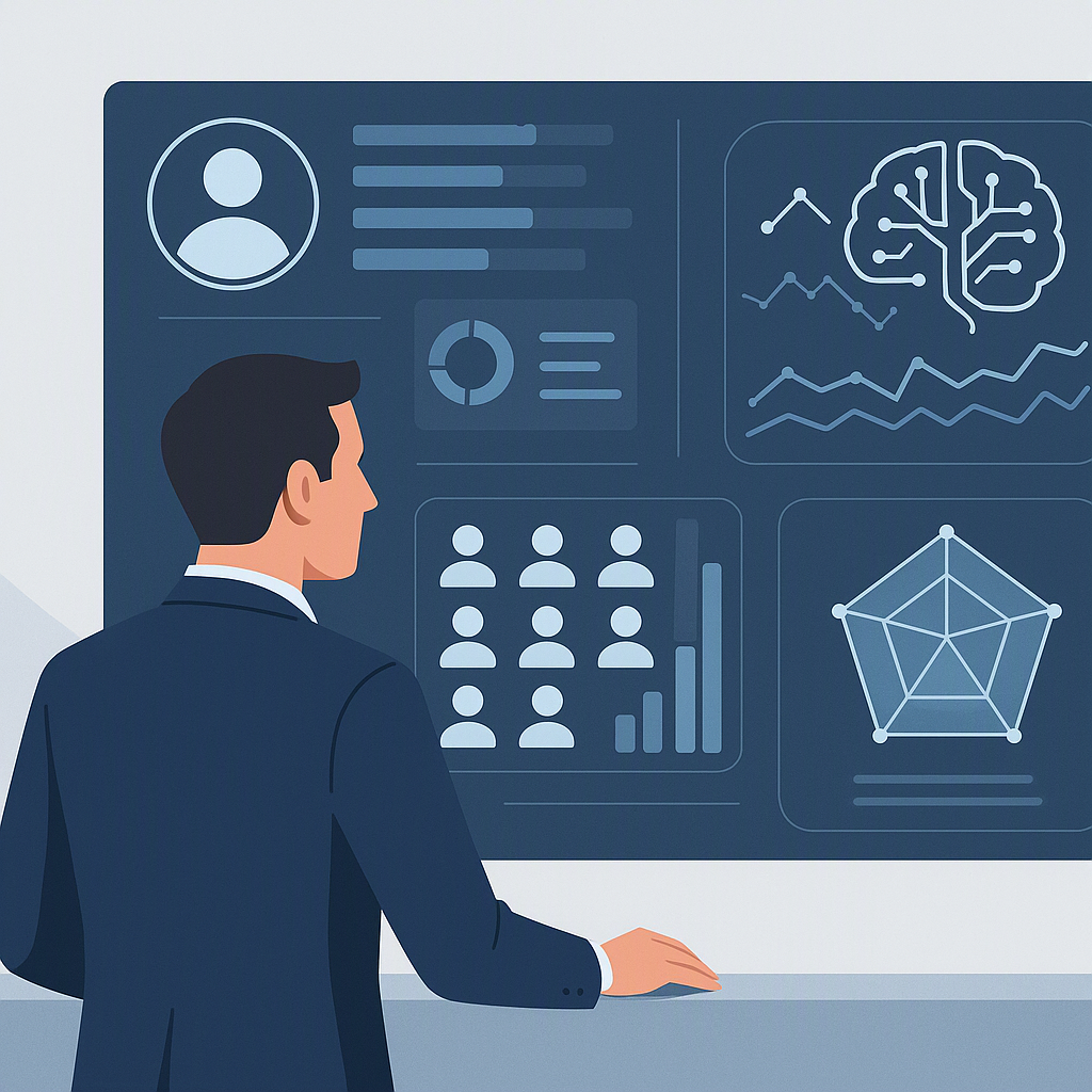 A manager reviewing a futuristic dashboard displaying employee analytics, AI-driven insights, and skill-match graphs.