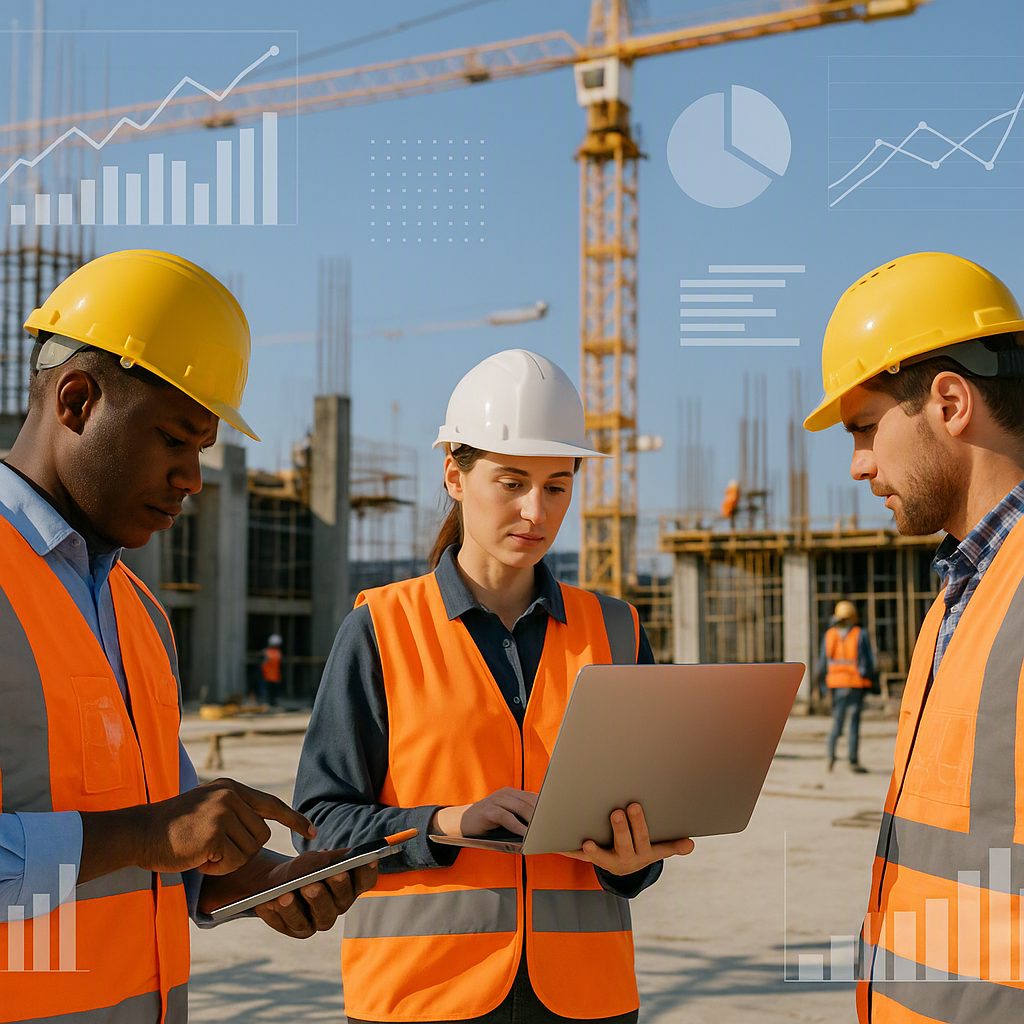 A construction site with workers using tablets and laptops, overlaid with digital data visuals such as graphs and charts...