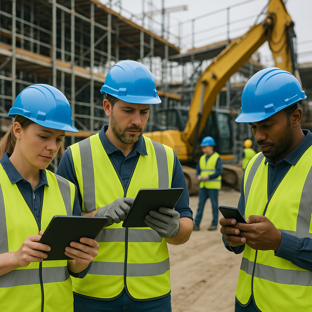 A construction site with workers using tablets and smartphones, capturing data in real-time. The backdrop includes scaff...
