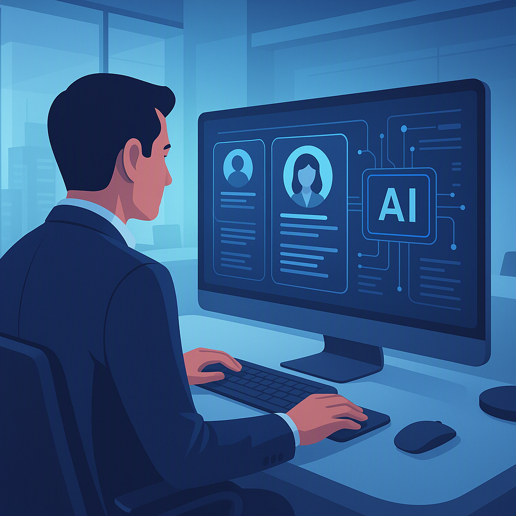 A futuristic office setting with a recruiter using AI-powered software on a sleek computer screen, analyzing resumes in...