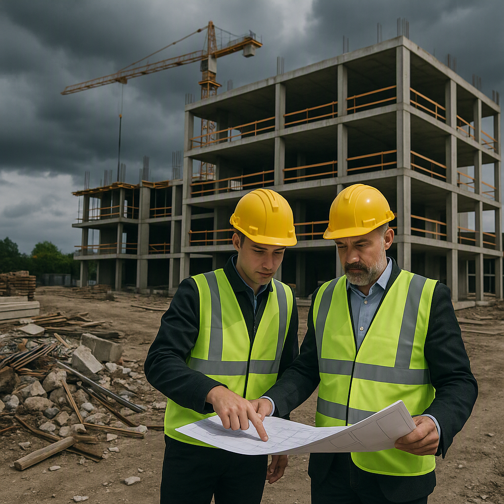 A construction site with storm clouds in the background, showing contractors reviewing plans near a half-built structure...