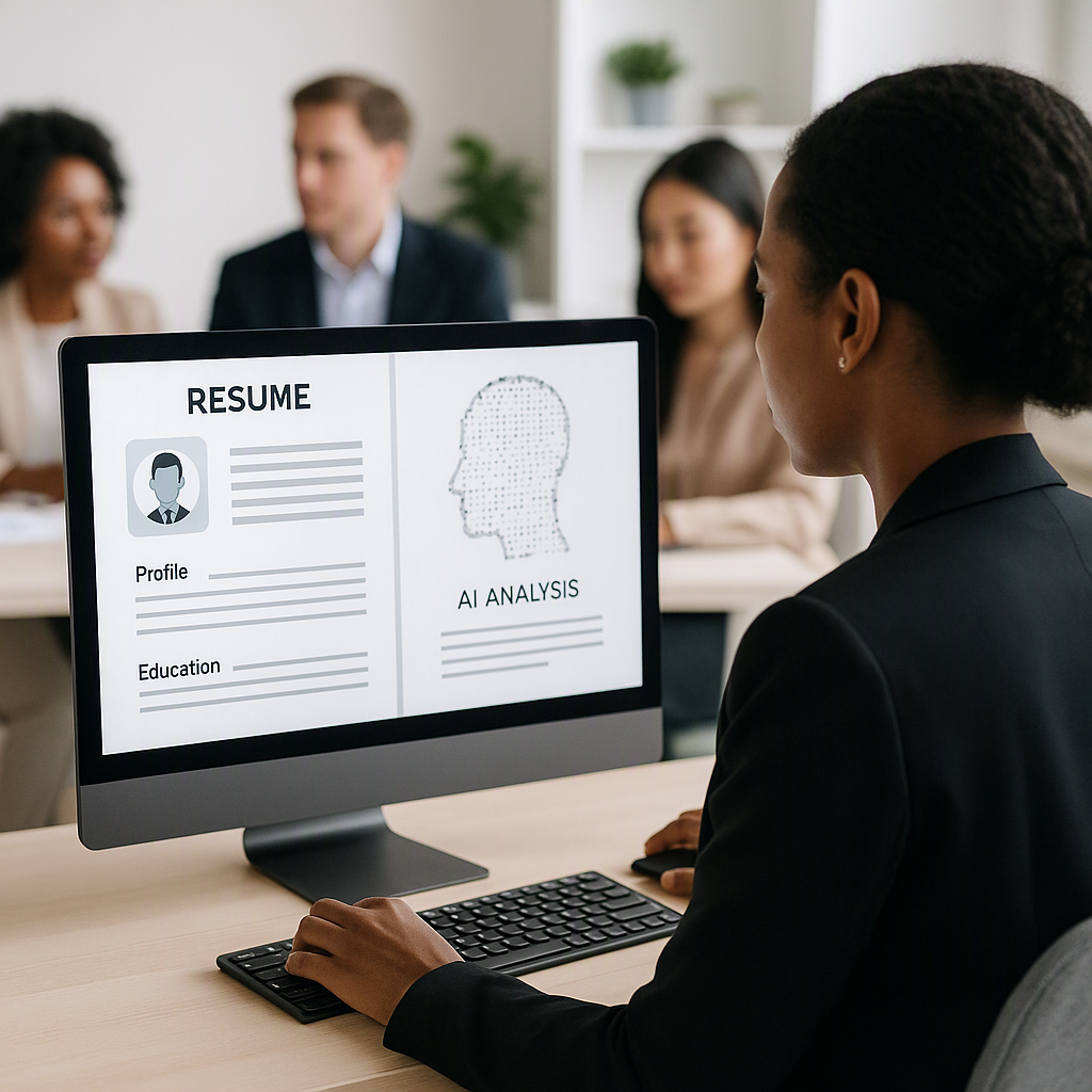 A professional recruiter analyzing resumes with an AI tool on a modern computer screen. Include diverse candidates in th...