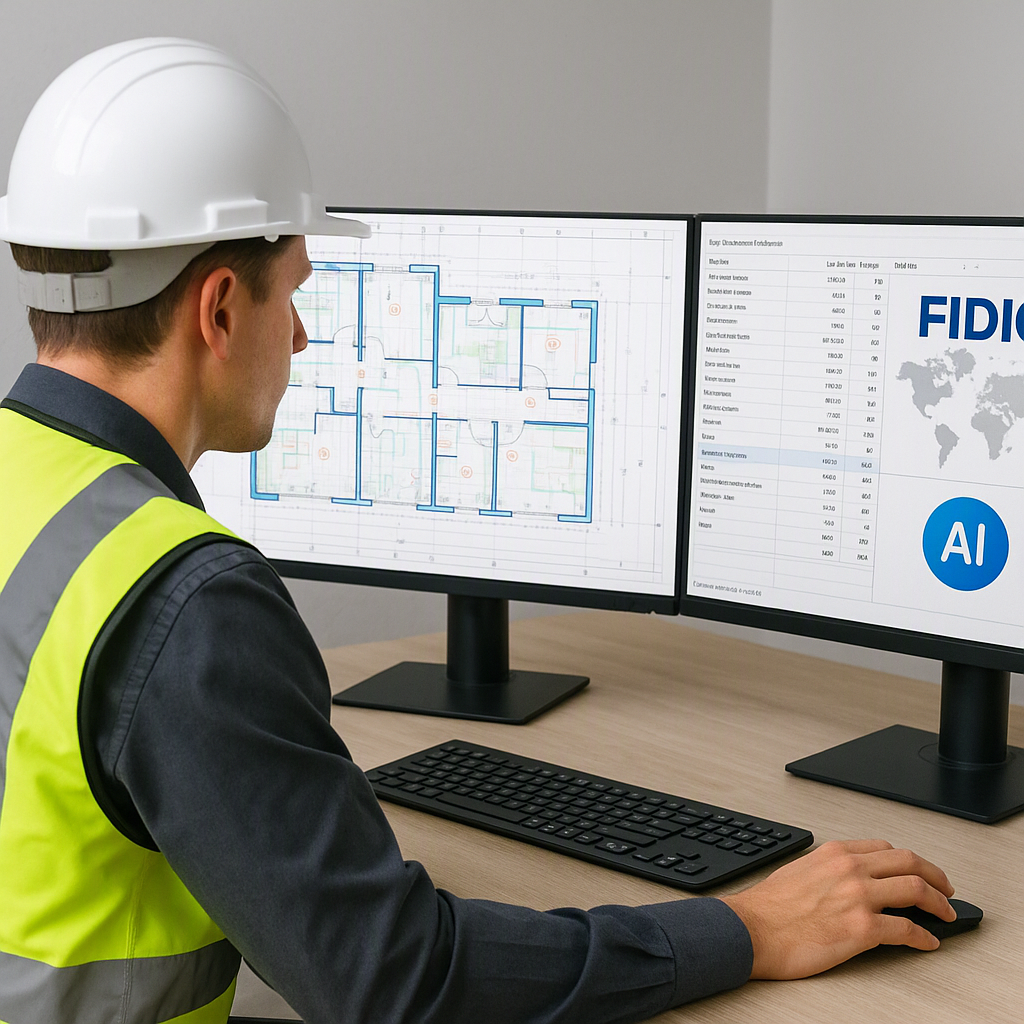 A construction estimator reviewing digital blueprints on a dual-monitor setup with AI-powered quantity takeoff software...