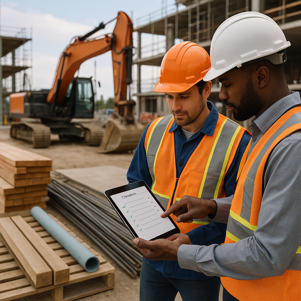 A construction site with subcontractors reviewing a detailed checklist on a tablet, surrounded by materials and machiner...