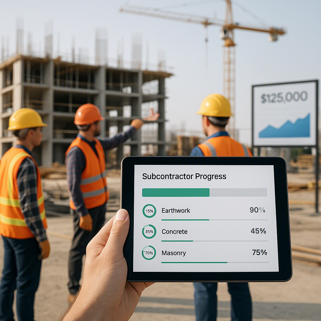 A construction site with clear progress tracking visuals: a tablet showing subcontractor progress measurements, workers...