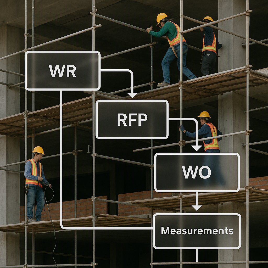 A construction site featuring subcontractors working on scaffolding, overlaid with a transparent structured workflow dia...