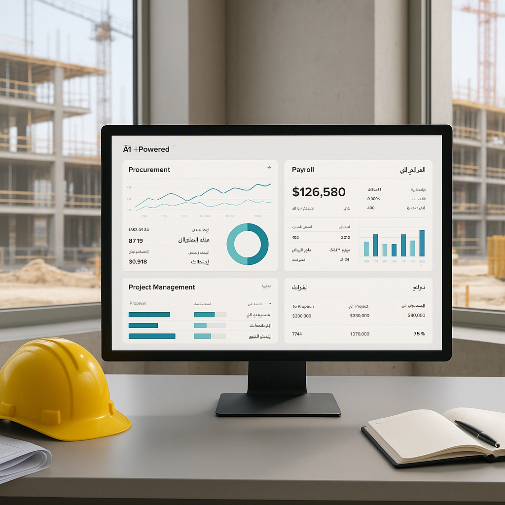 An AI-powered dashboard in a construction site office, showing unified data across procurement, payroll, and project man...
