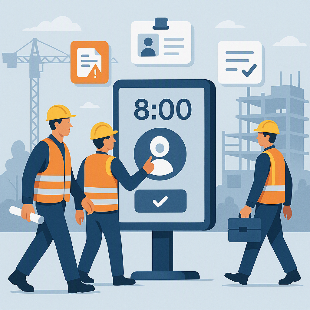 An illustration showing a construction site with workers clocking in/out using a digital attendance system with complian...