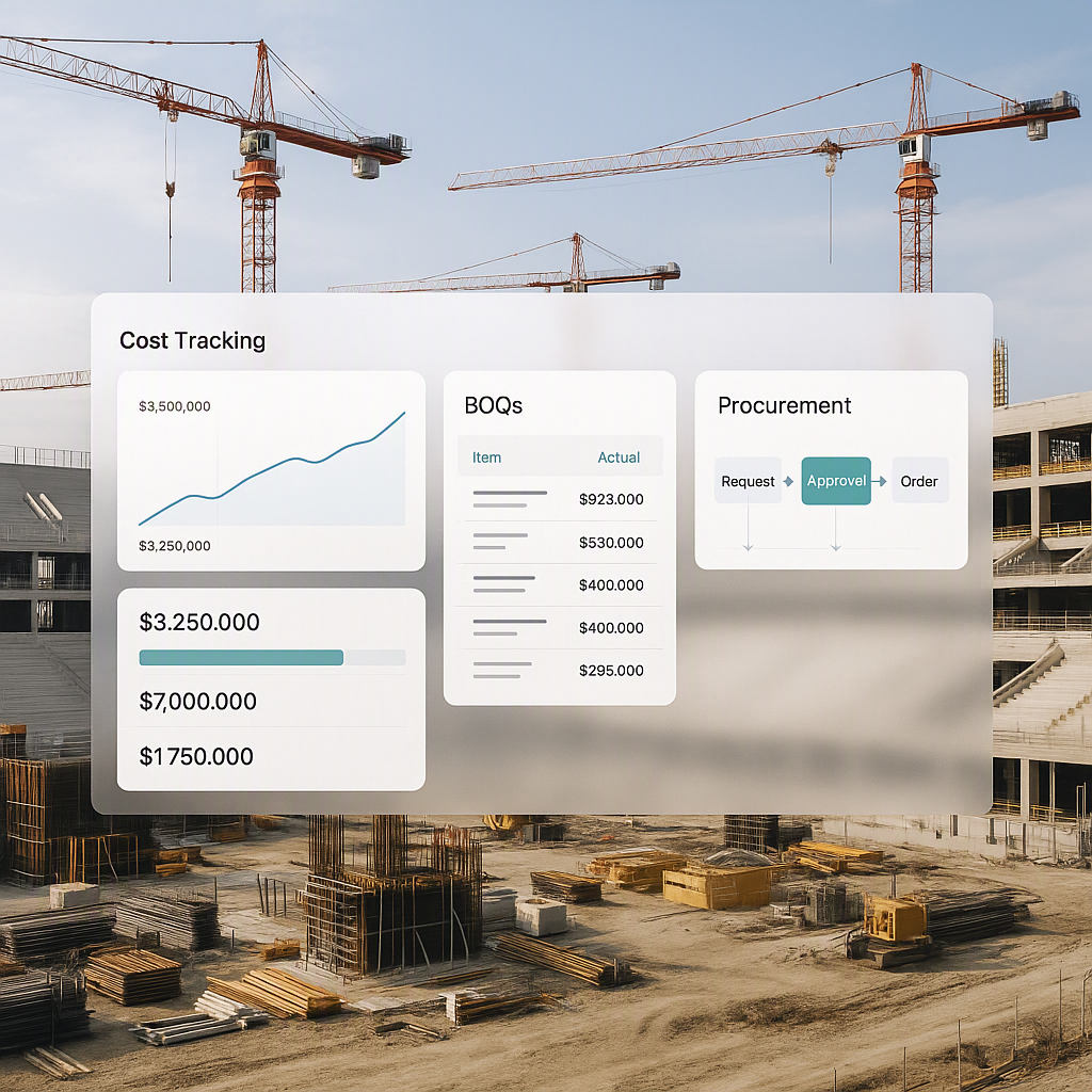 A modern construction site with large cranes, showing a partially completed sports facility, with a digital project mana...