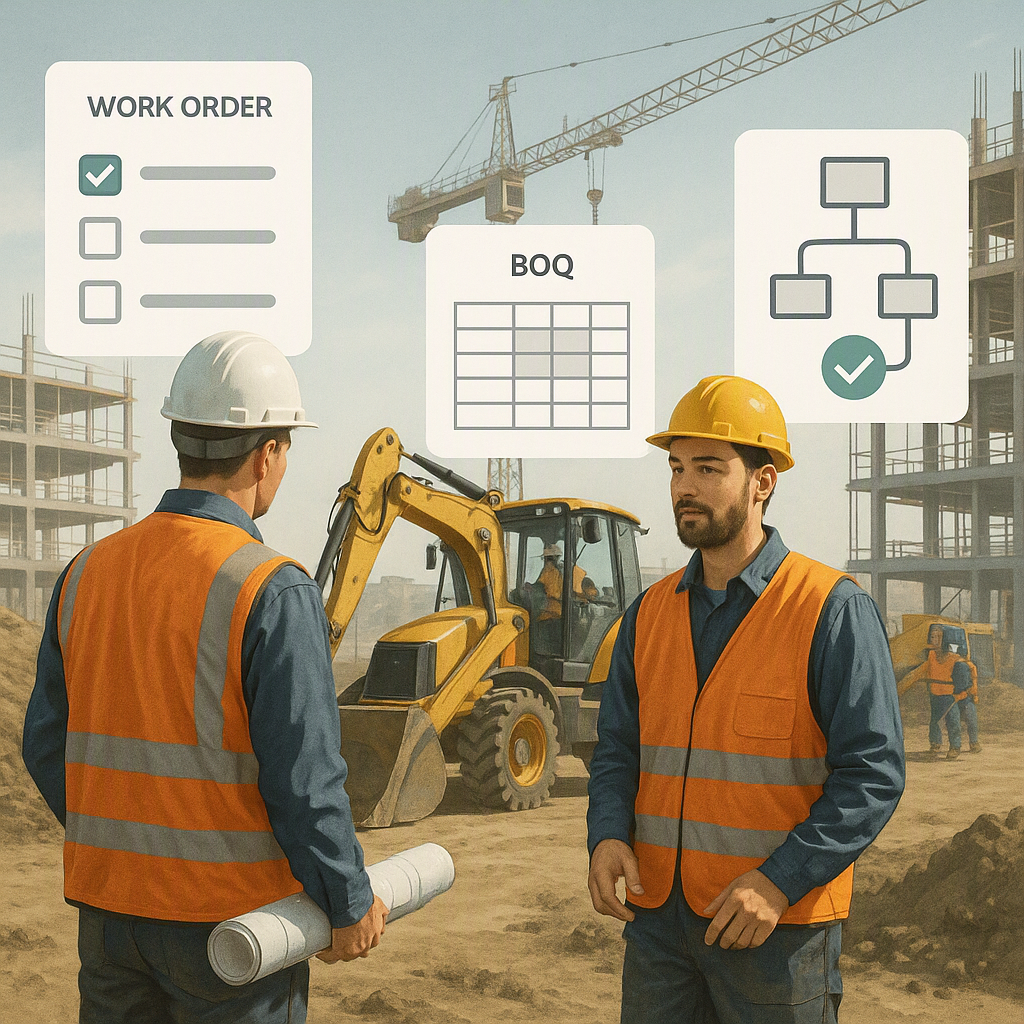 A realistic depiction of a construction site with subcontractors, with overlay graphics showing work orders, BOQ sheets,...