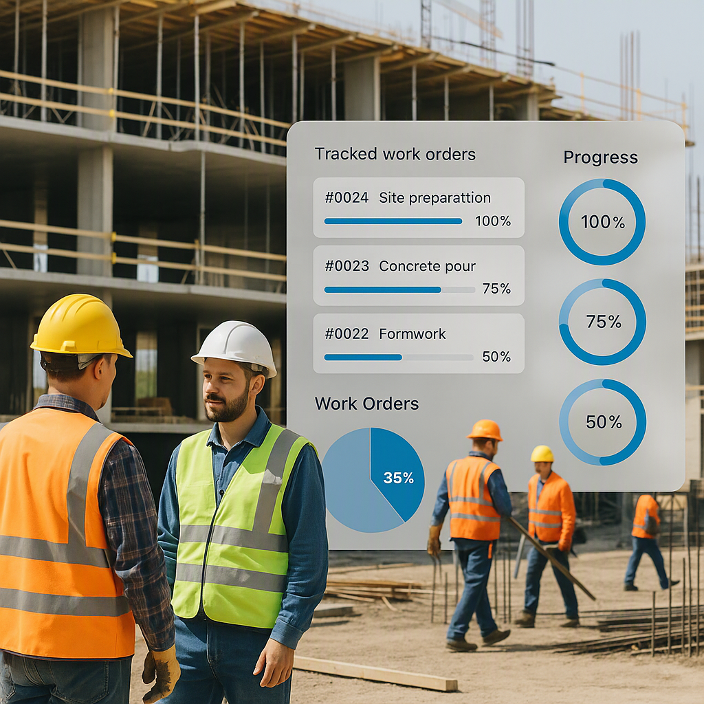 A construction site with subcontractors, overlaid with a digital dashboard showing tracked work orders and progress perc...