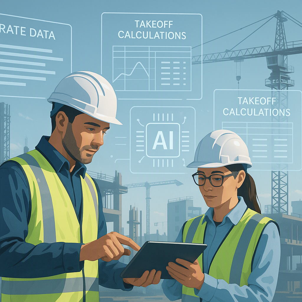 A futuristic construction site with engineers using a tablet to oversee AI-powered processes, highlighting digital overl...